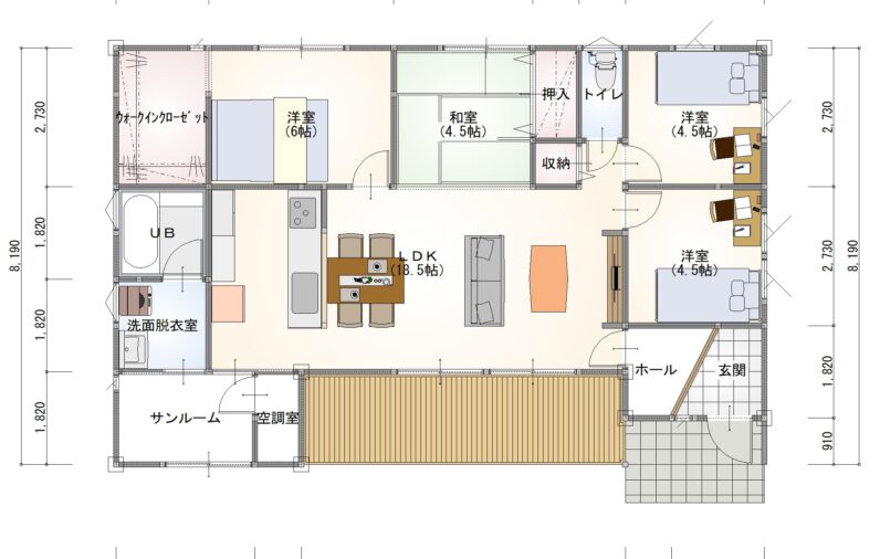 サンルームのある ウッドデッキを第２リビングとして使える全館空調の平屋